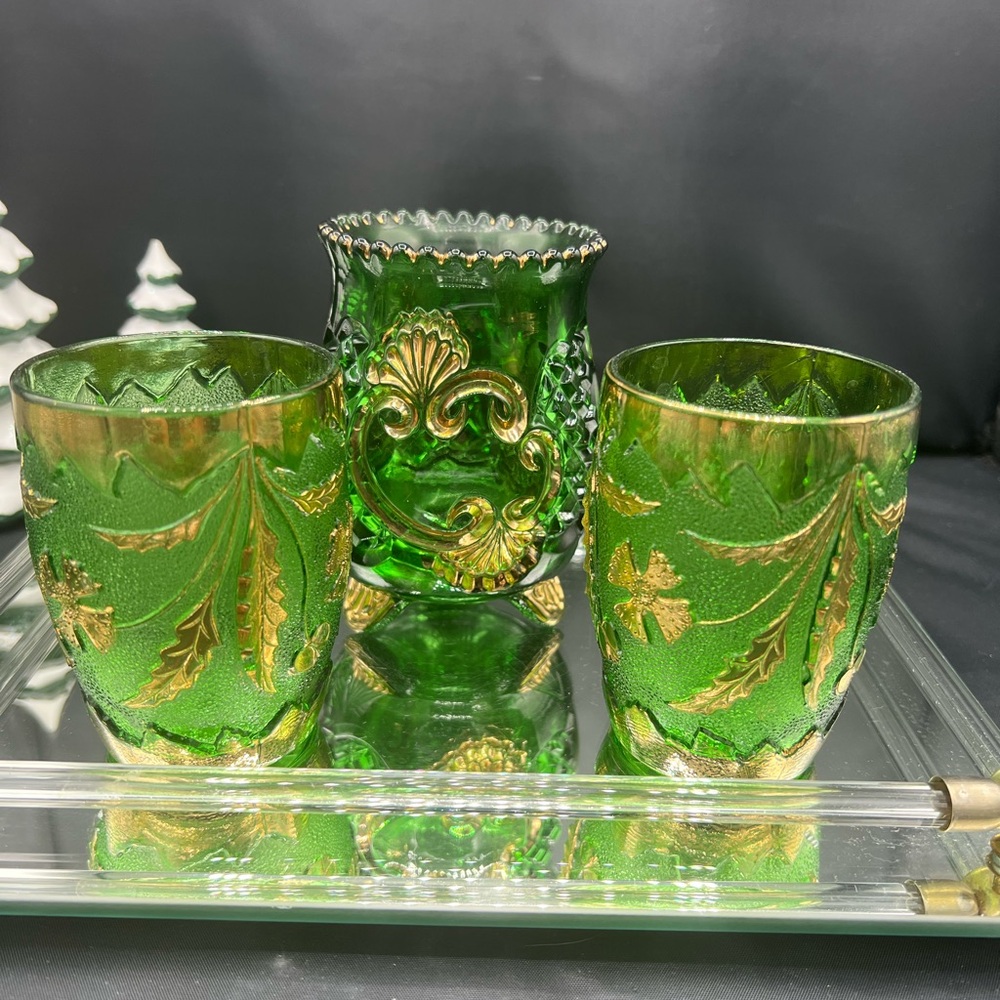 VTG 3 pc set EAPG Riverside Croesus Emerald Green and Gold Plate vases